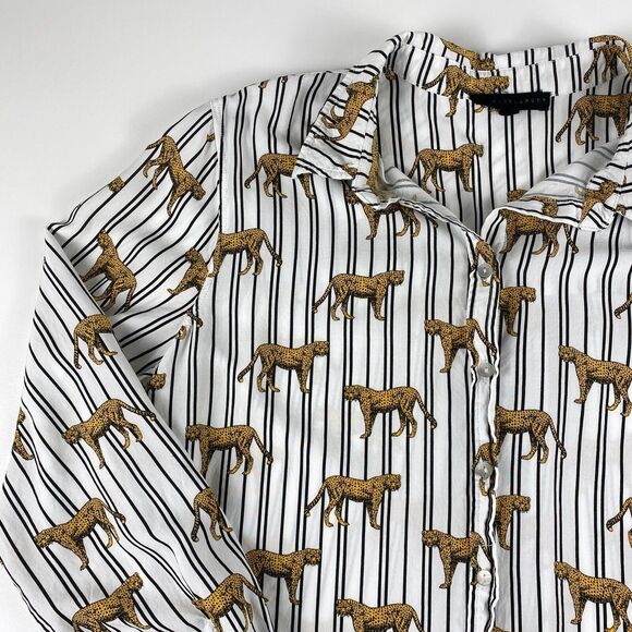 Jane & Delancey Striped Cheetah Blouse Button Up Roll Tab Sleeve Novelty Sz XL - Picture 2 of 10